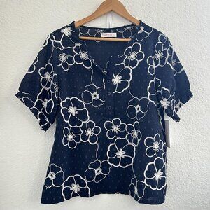 Ana & Rose Henley Top Womens L Floral Dobby Swiss Dot Embroidered S/S Boho Fairy